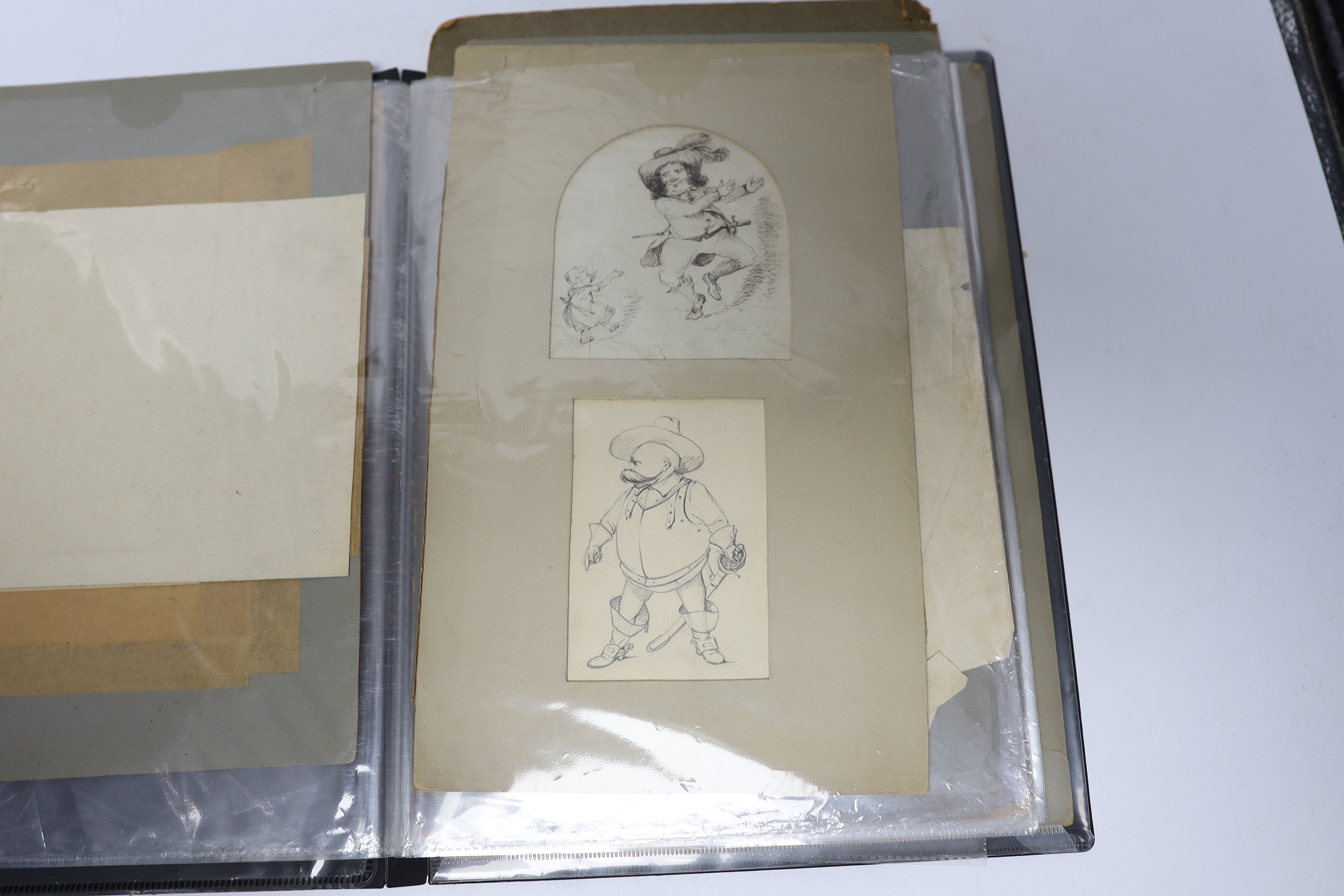 Folio of 18th / 19th century and later pen, ink and pencil sketches, Figural studies, children and putti, one inscribed ‘Ann. Carracino’ in ink verso, unframed, some mounted, largest 22 x 13cm